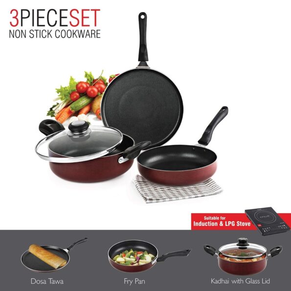 Cello Prima Induction Base Non-Stick Aluminium Pan Cookware Set, 3-Pieces